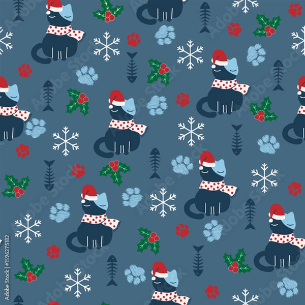Fototapeta Seamless Christmas pattern featuring colorful cats with festive elements like snowflakes, holly, candy canes, gifts, and Santa hats. Ideal for holiday wrapping paper, fabric prints, greeting cards