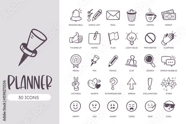 Fototapeta Planner Icon Set, perfect for digital planners and diaries. Hand-drawn vector, Line art design.