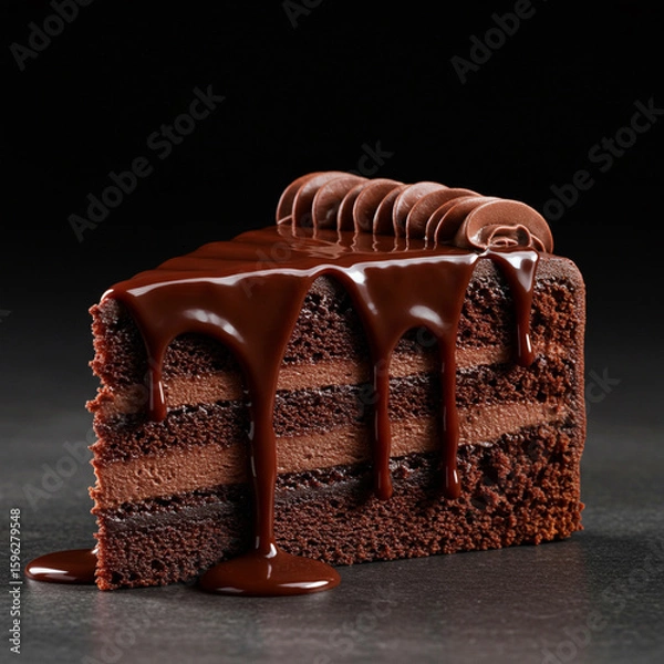 Fototapeta Decadent Chocolate Fudge Cake Slice with Dripping Ganache on Clean Background.