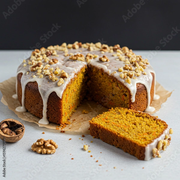Fototapeta Delicious Rustic Carrot Cake with Walnuts and Glaze on Modern Background.