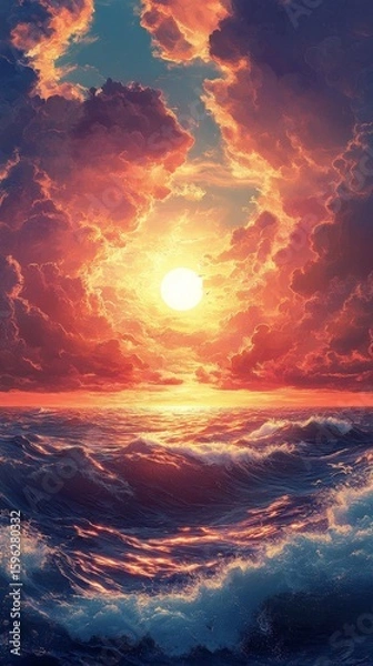 Obraz Ocean Waves at Dramatic Sunset with Cloudscape and Golden Light