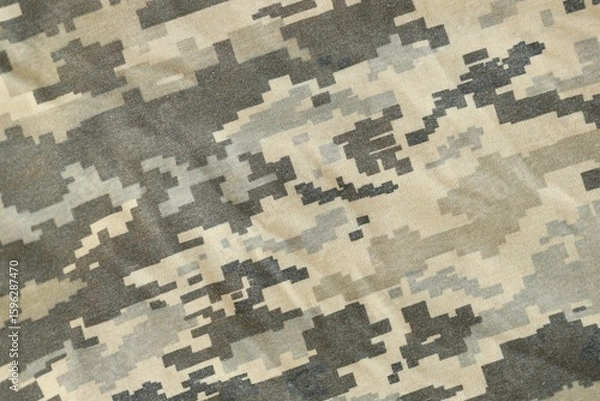 Fototapeta Texture of Dark green pixel camouflage military uniform textile cloth with folds