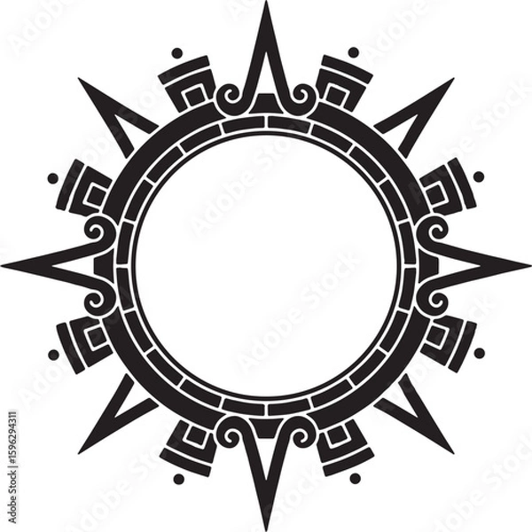 Fototapeta Ornate Sun Symbol with Aztec-Inspired Details, Black & White Graphic Element