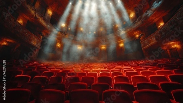 Fototapeta Empty theater auditorium with red seats and dramatic lighting