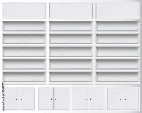 Obraz A clean, white wall cabinet with three sections of open shelves and lower storage compartments with closed doors, ideal for books, retail displays, or home organization.