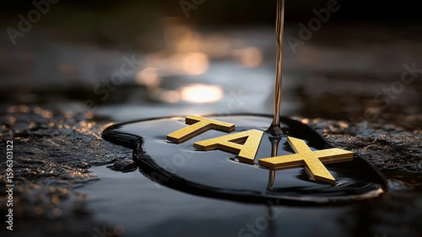 Fototapeta Golden letters spelling "TAX" are partially submerged in a pool of black, viscous liquid, with more liquid pouring down.