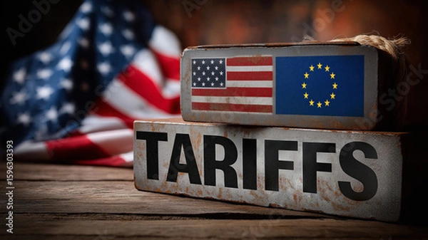 Fototapeta Two metallic blocks, one with the US flag and the other with the EU flag, are stacked on a wooden surface with a "TARIFFS" sign in front.
