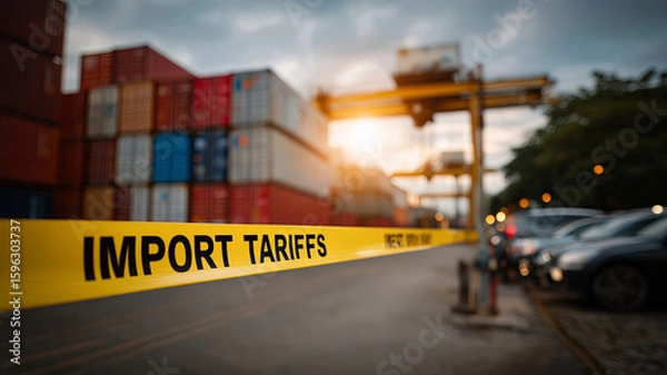 Fototapeta A bright yellow "IMPORT TARIFFS" caution tape is stretched across the foreground of a busy port, with shipping containers and cranes blurred in the background.