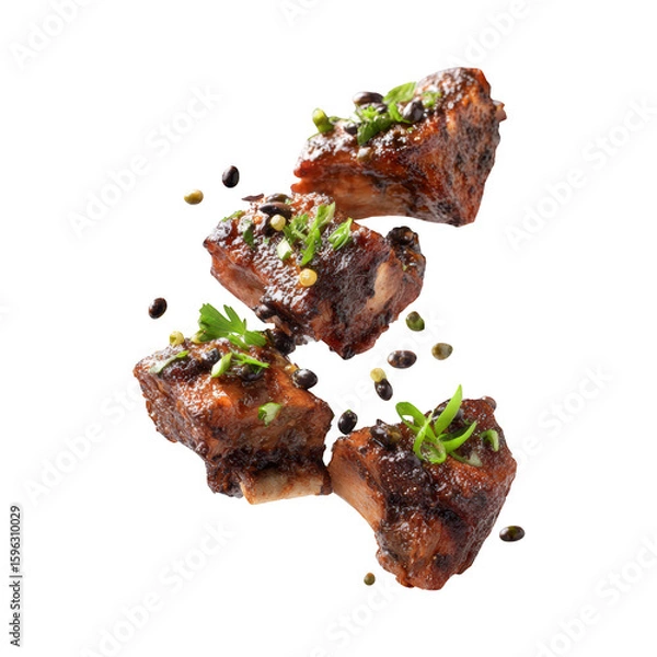 Fototapeta Steamed Spareribs with Black Beans and Scallions Floating in Air isolated On Transparent Png Background.