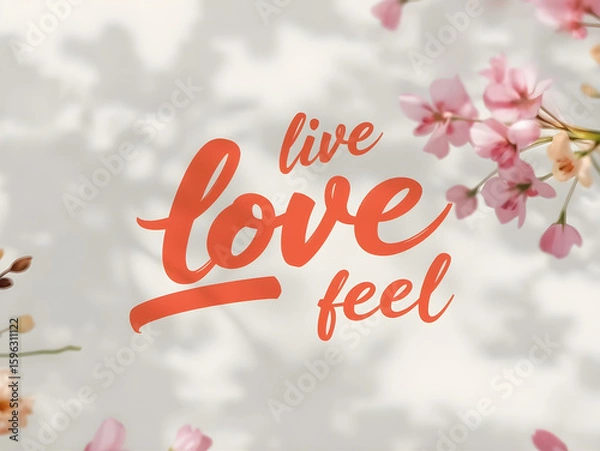Fototapeta Delicate pink blossoms frame the inspiring words 'live love feel', creating a serene scene.