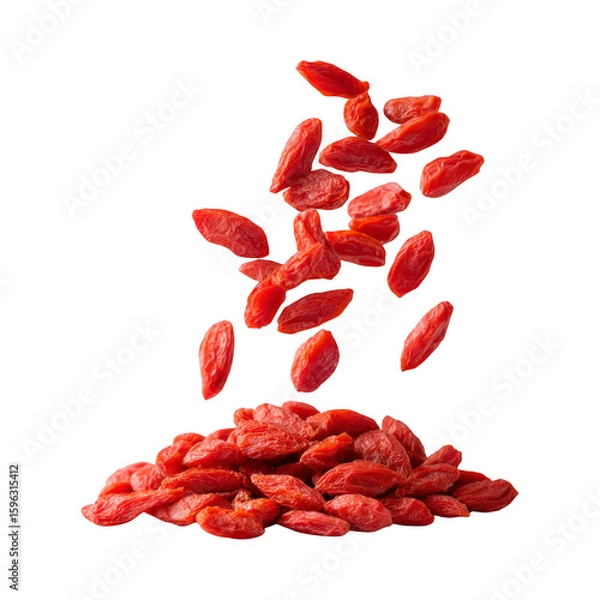 Fototapeta Heap of vibrant dried goji berries with falling berries isolated On Transparent Png Background.