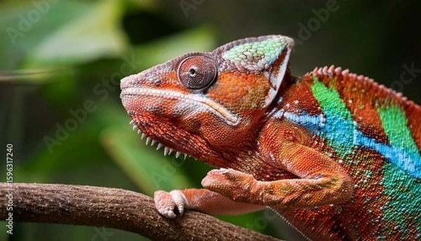 Fototapeta chameleon lizard sitting on branch close up view