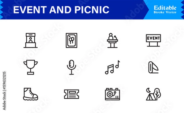 Fototapeta Event and Picnic Party Symbols – Professional Modern Line Icon Pack with Unique Vector Style for Festive, Outdoor, and Community Activities
