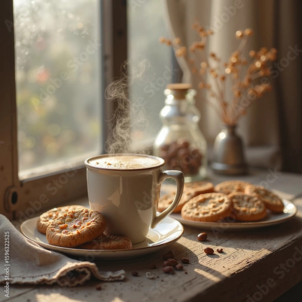 Fototapeta cup of coffee and cookies on wooden table