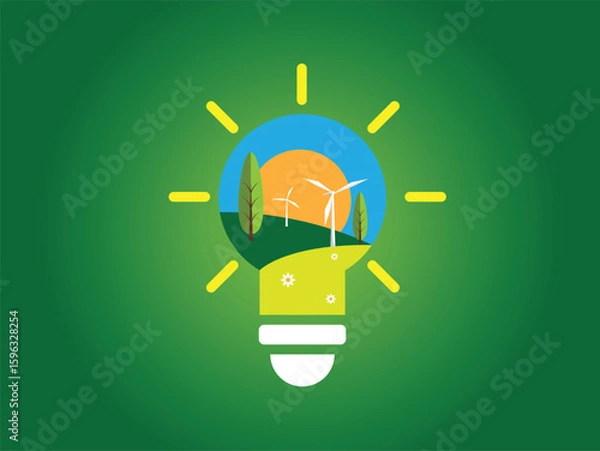 Fototapeta Green Eco Light Bulb with Wind Turbines Landscape on Green. Nature and technology, saving planetary resources and protecting nature with energy efficient equipment