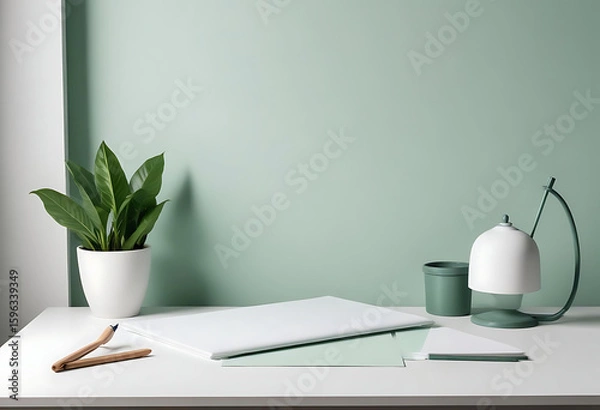 Fototapeta Creative desk setup with frames and green decor