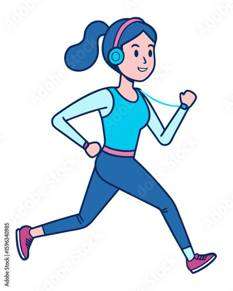 Fototapeta Illustration of woman running with headphones for cardio workout fitness and healthy lifestyle exercise