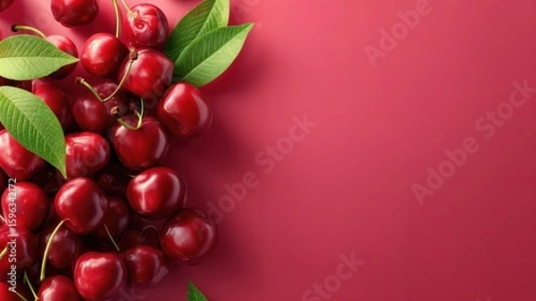 Fototapeta Un festín de cerezas frescas sobre un fondo rojo intenso.