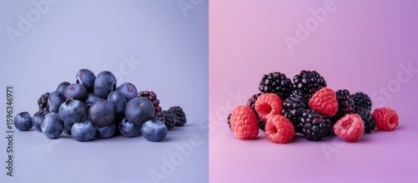 Fototapeta Pile of blueberries on left and blackberries with raspberries on right against blue and purple backgrounds.