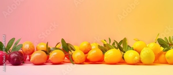 Obraz Close-up of fresh ripe lemons and limes with green leaves on a pink and yellow gradient background.