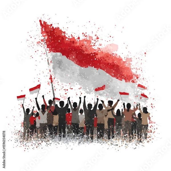 Fototapeta Watercolor Crowd Celebrating with Indonesian Flags Red and White Patriotic.