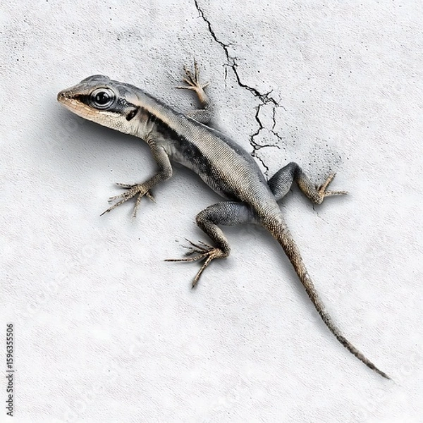 Fototapeta A Small Reptile With Stripes Clinging to a Textured White Wall