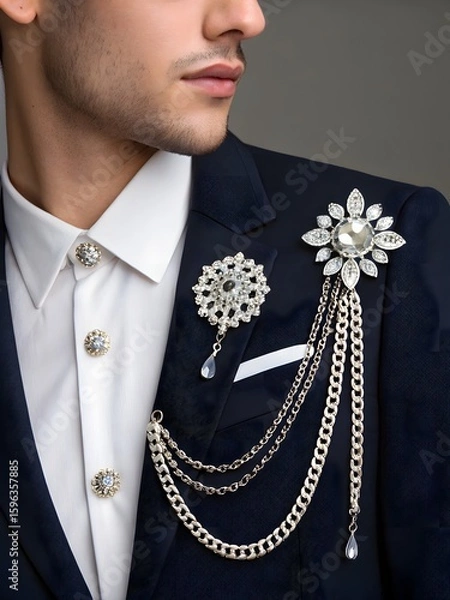Fototapeta Close up of a man in a suit with decorative pins and chains showcasing elegant formal wear details