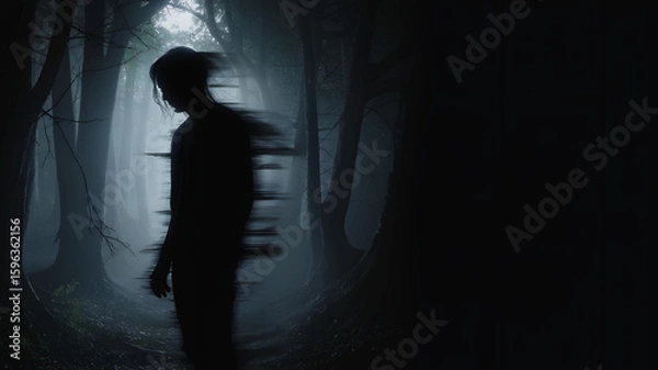 Fototapeta Glitched silhouette of person in dark foggy forest with eerie atmosphere and surreal digital distortion