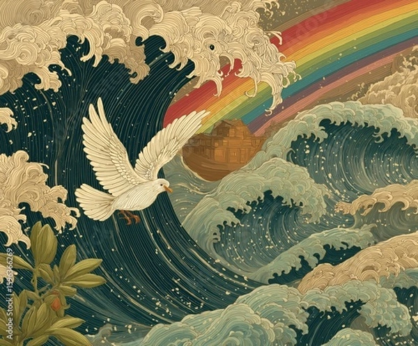 Obraz Storm Ark Ukiyo-e Woodblock Print｜Gold Mica Beam Dove & Olive Branch｜Rainbow Gradient Mist｜Neo-Traditional Art｜Poster Card Background｜Mythological Scene