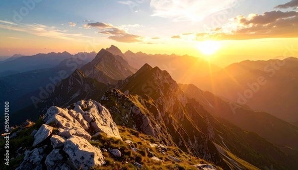 Obraz Breathtaking sunset view over mountain peaks with a colorful sky. Nature, adventure, and peaceful landscape