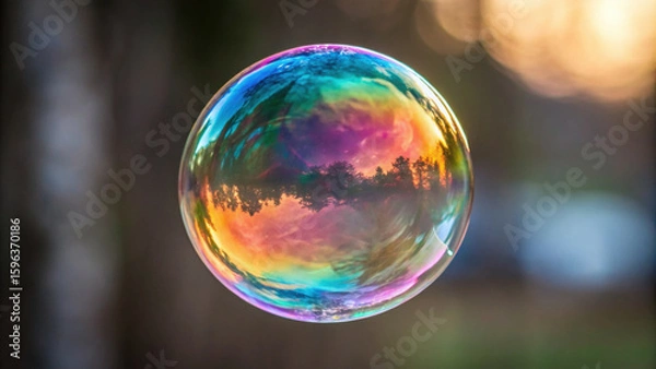 Fototapeta A vibrant soap bubble floating against a blurred natural background, reflecting colorful light and trees.