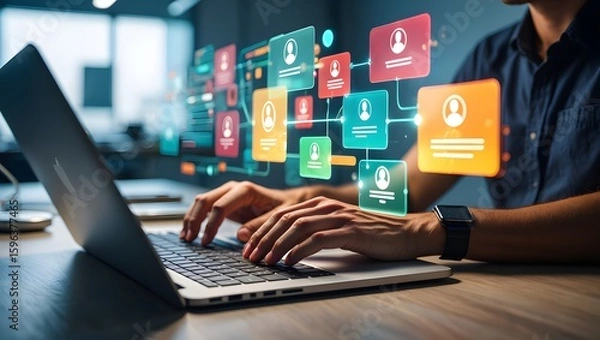 Fototapeta Businessman messaging team with using laptop computer. Collaboration platform. Employee communication and knowledge sharing on discussion forums in internal social network.