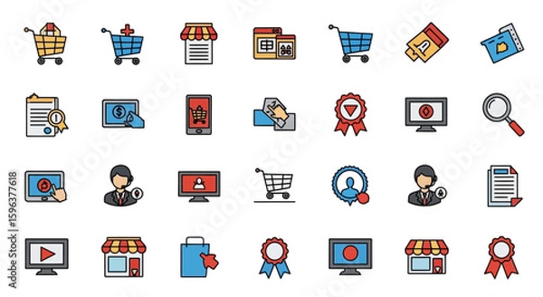 Obraz A collection of flat design icons representing online shopping, e-commerce, customer service, and related business concepts on a white background.