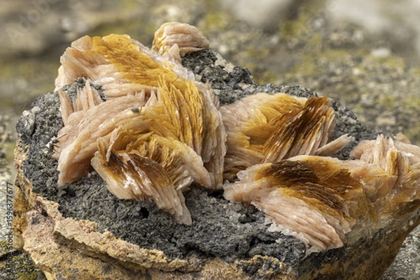 Fototapeta amellar barite crystals in vibrant orange hues growing on a dark mineral matrix. Detailed texture and color contrast make it perfect for geology, science, and macro mineral photography