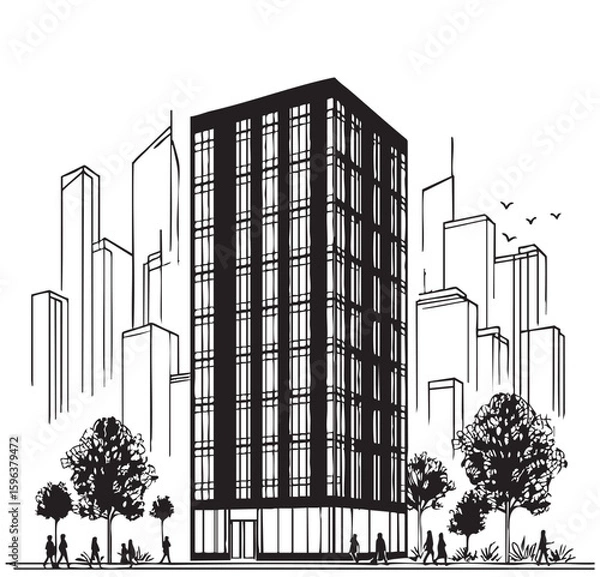 Fototapeta High rise building sketch. Architecture with silhouette of people and tree