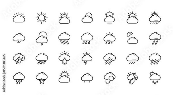 Obraz Collection of minimalist weather icons depicting various cloud conditions, sun, rain, and lightning.
