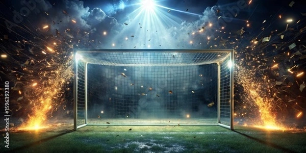 Obraz Triumphant Victory Goal Celebration with Sparkling Fireworks and Confetti on a Night Field
