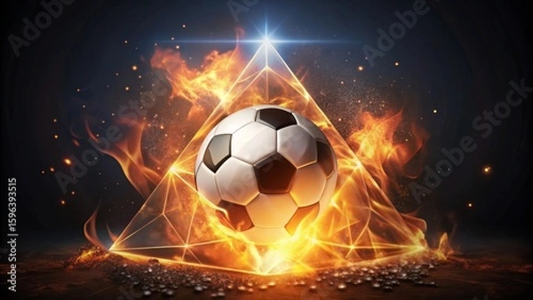 Obraz Fiery Soccer Ball Encased in a Luminous Pyramid, a Symbol of Triumph and Intense Competition
