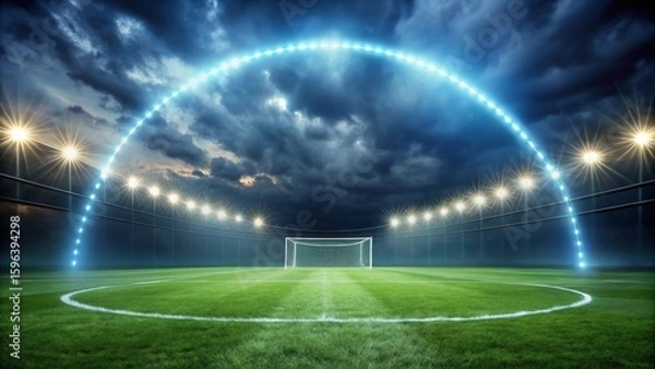 Obraz Dramatic Night Stadium Scene  An Empty Soccer Field Under a Stormy Sky with Illuminated Arc
