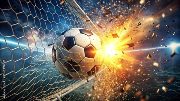 Obraz A soccer ball explodes through the goal net, creating a fiery spectacle of energy and motion.
