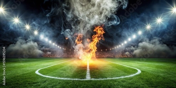 Obraz Fiery Stadium Night  A Dramatic Scene of Intense Flames and Smoke Erupting on a Lush Green Field Under Brilliant Stadium Lights