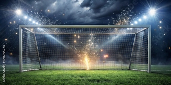 Obraz Nighttime Soccer Goal with Sparkling Fireworks Display and Stadium Lights