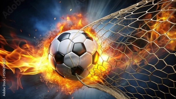 Obraz Fiery Soccer Ball Exploding Through Goal Net A Dynamic Image of Intense Competition and Triumph