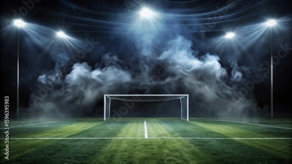 Obraz Nighttime Football Field Dramatic Goal Scene with Atmospheric Haze and Bright Stadium Lights