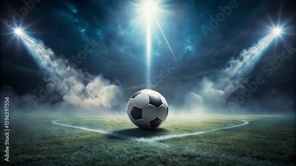 Obraz A solitary soccer ball rests at center field, illuminated by dramatic stadium spotlights under a stormy night sky