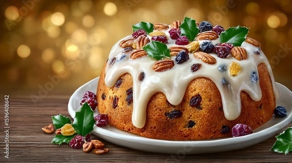 Fototapeta Traditional Christmas fruitcake with icing, garnished with dried fruits and pecans on plate, perfect holiday dessert presentation with vibrant bokeh background.
