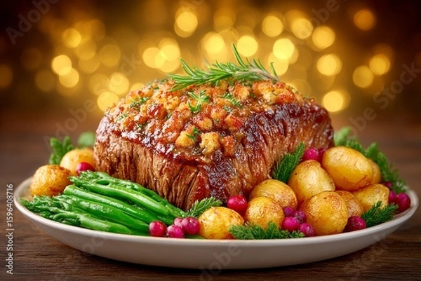 Fototapeta Traditional Christmas dinner with roast beef, stuffing, and vegetables, festive holiday feast with elegant presentation, cozy holiday table setting for family celebration.