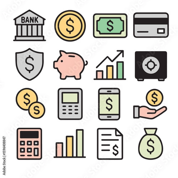 Obraz Colorful Finance and Banking Icons Set Budget & Money Tools