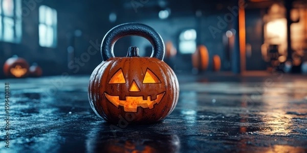 Obraz Halloween pumpkin with glowing face in a dark gym setting featuring weights and eerie atmosphere during nighttime