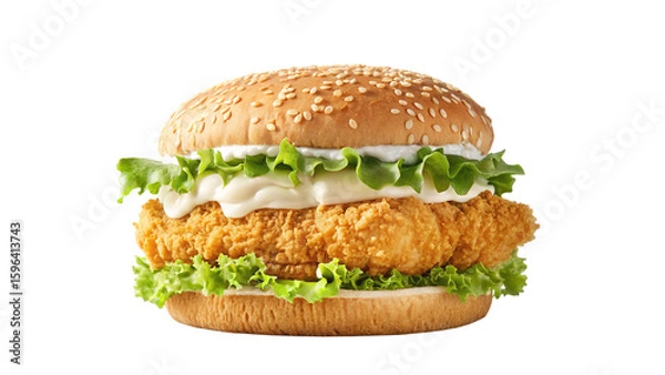 Fototapeta Delicious crispy chicken burger with lettuce and mayonnaise on sesame bun isolated on black background on transparent background